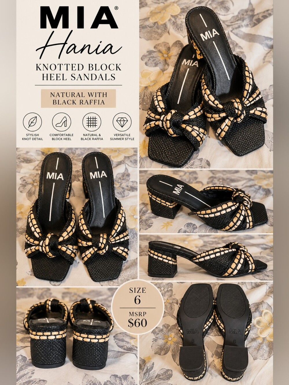 MIA Knotted Block Heel Sandals in Black and Natural -NWOB